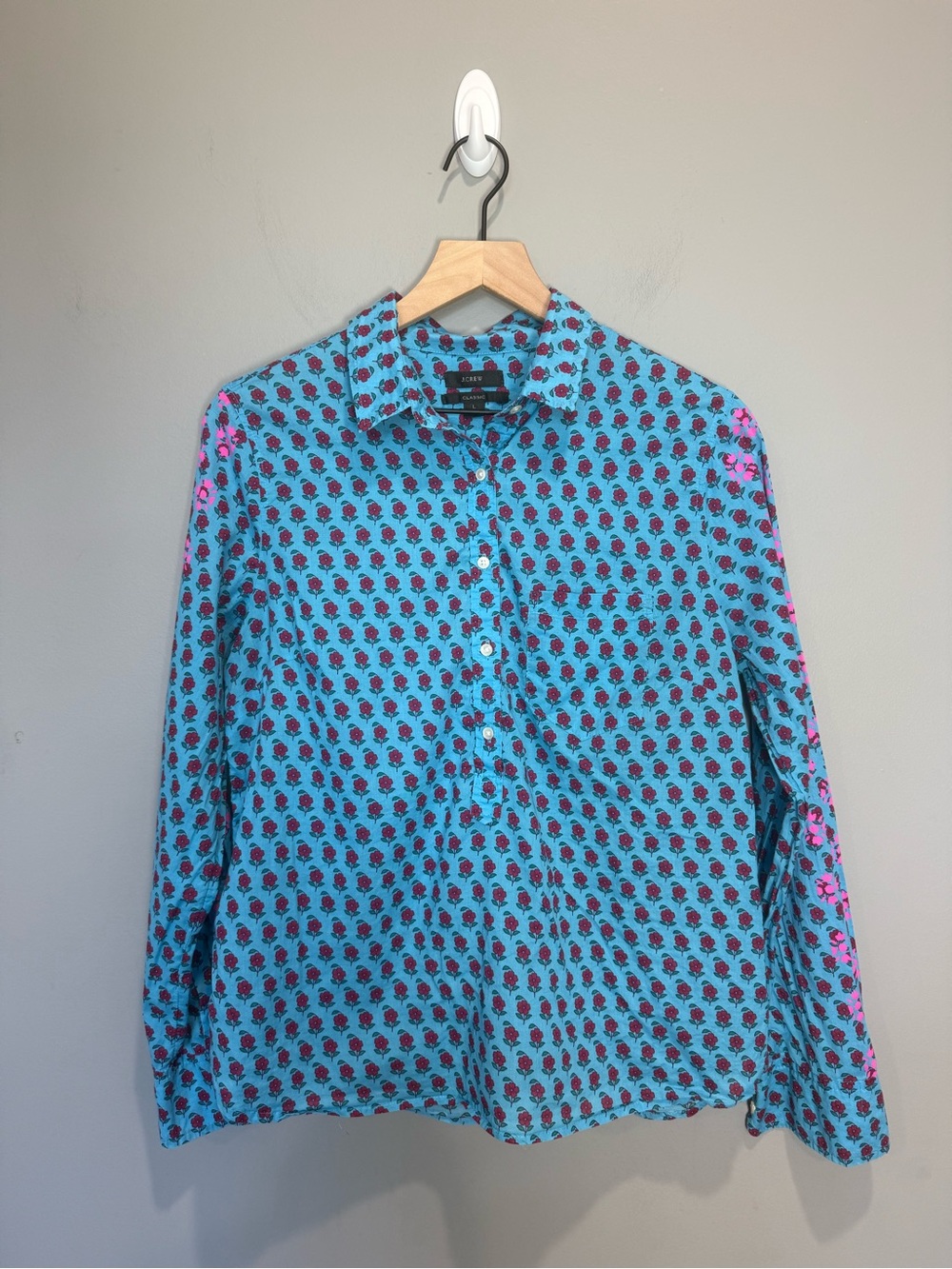 J.Crew Blue Floral Cotton Button‎ Down Shirt Women’s Large Classic Fit